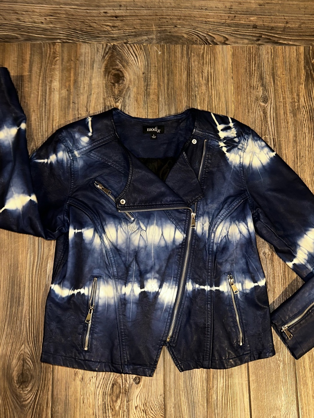 ModX Tie-Dye Navy Moto Jacket Trendy Edgy Faux Leather  Large White Motorcycle